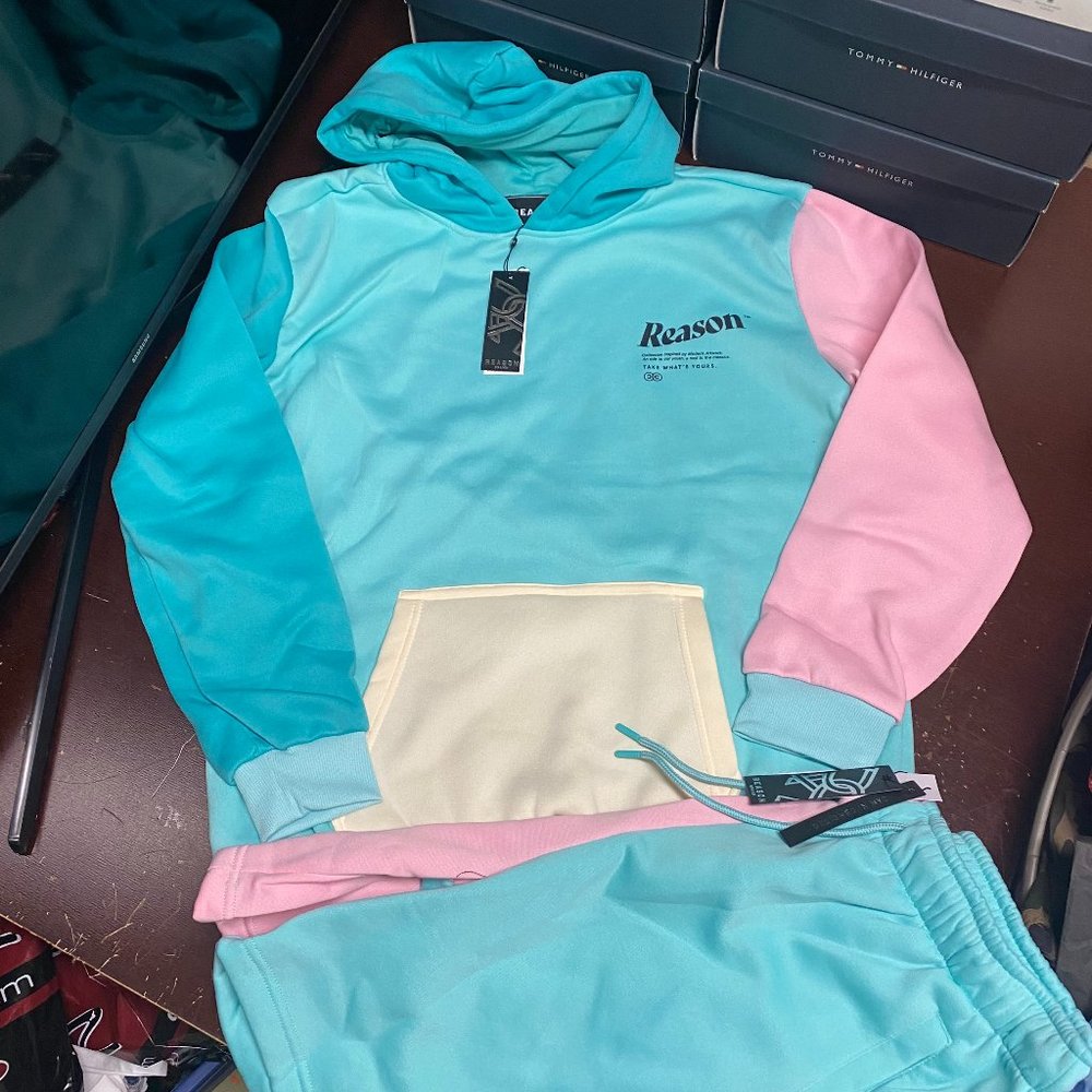 Reason Mens Multicolor Blue Pullover Hoodie Shorts Sweat Tracksuit Size XL L